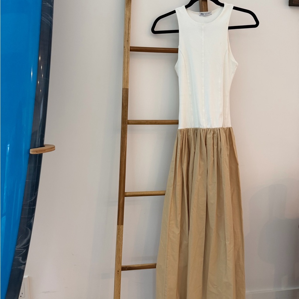 Zara White Tank Top x Beige Maxi Dress